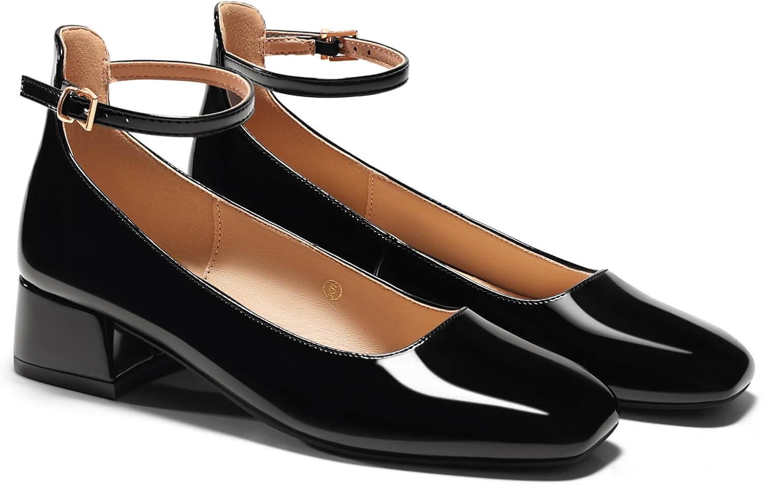 imageCoutgo Womens Chunky Low Heels Closed Square Toe Ankle Strap Pumps Wedding Prom Dress ShoesBlack