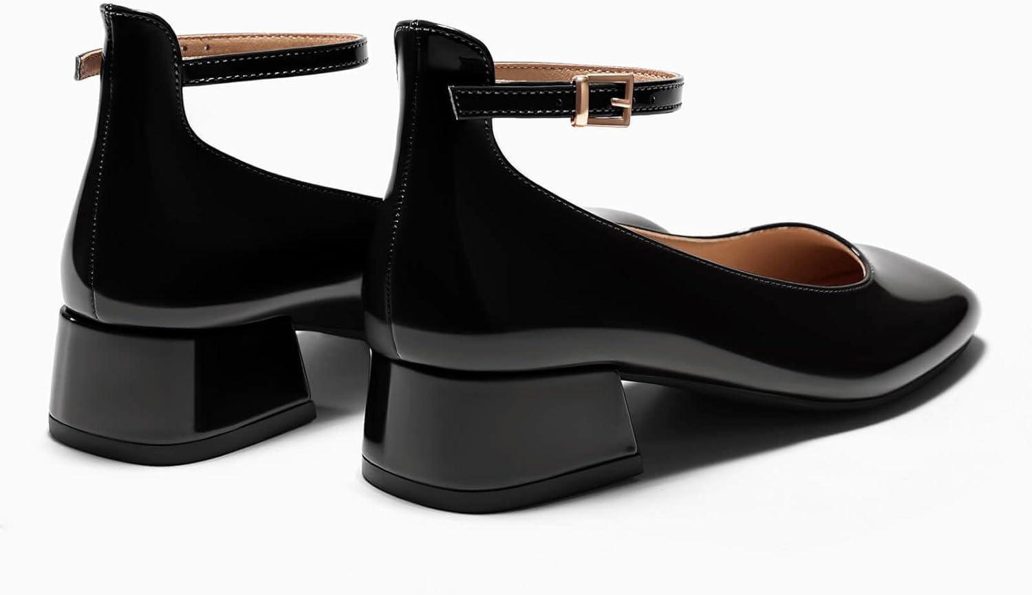 imageCoutgo Womens Chunky Low Heels Closed Square Toe Ankle Strap Pumps Wedding Prom Dress ShoesBlack