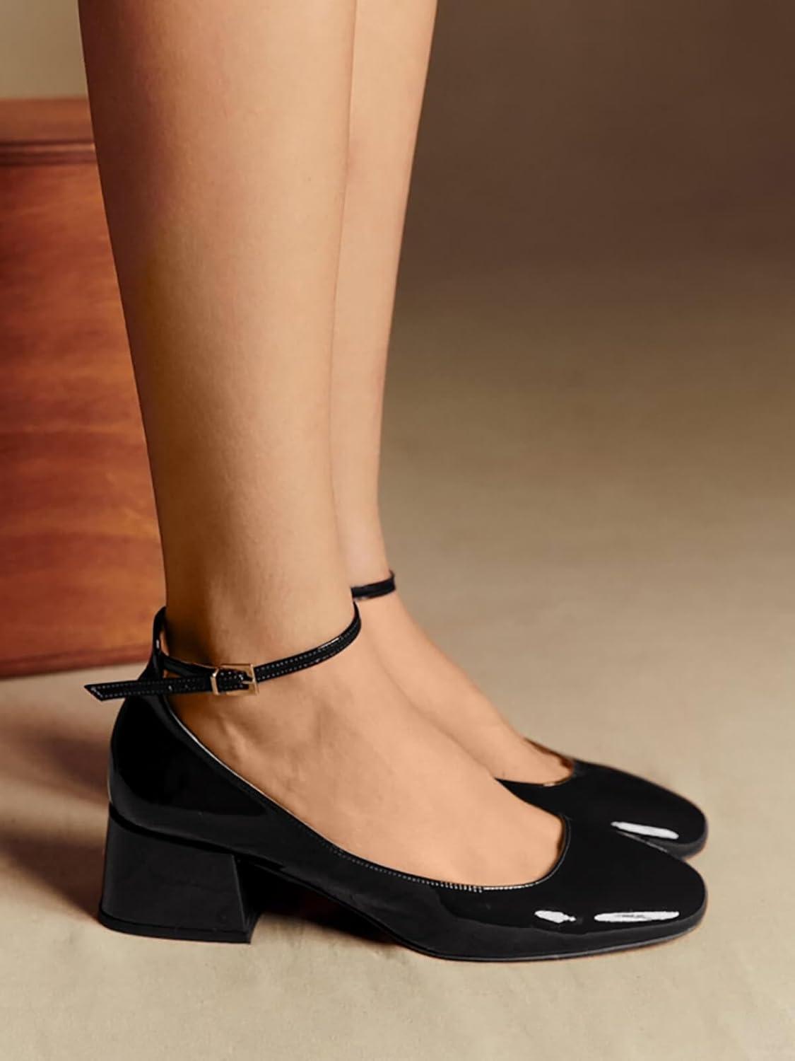 imageCoutgo Womens Chunky Low Heels Closed Square Toe Ankle Strap Pumps Wedding Prom Dress ShoesBlack