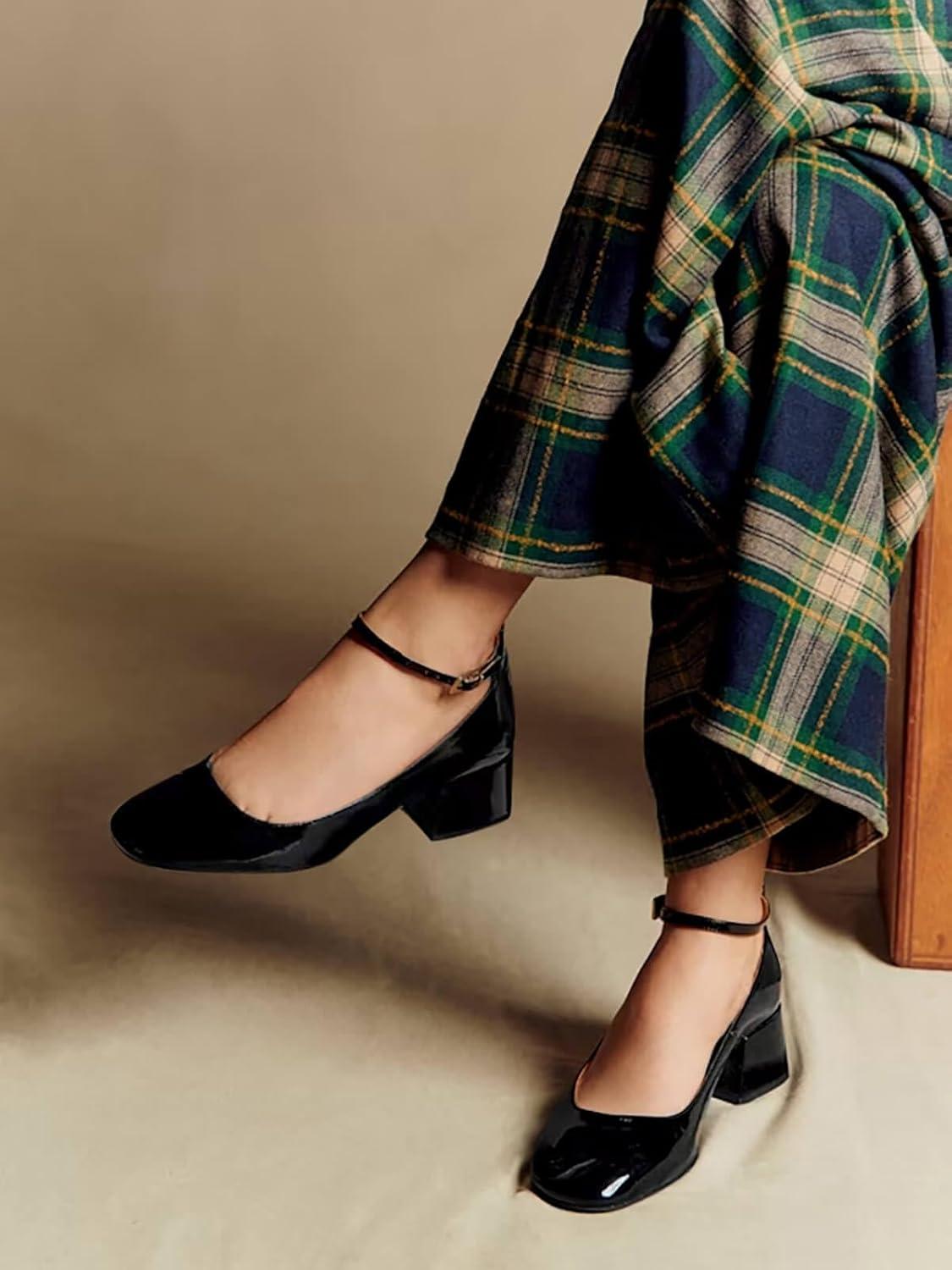 imageCoutgo Womens Chunky Low Heels Closed Square Toe Ankle Strap Pumps Wedding Prom Dress ShoesBlack