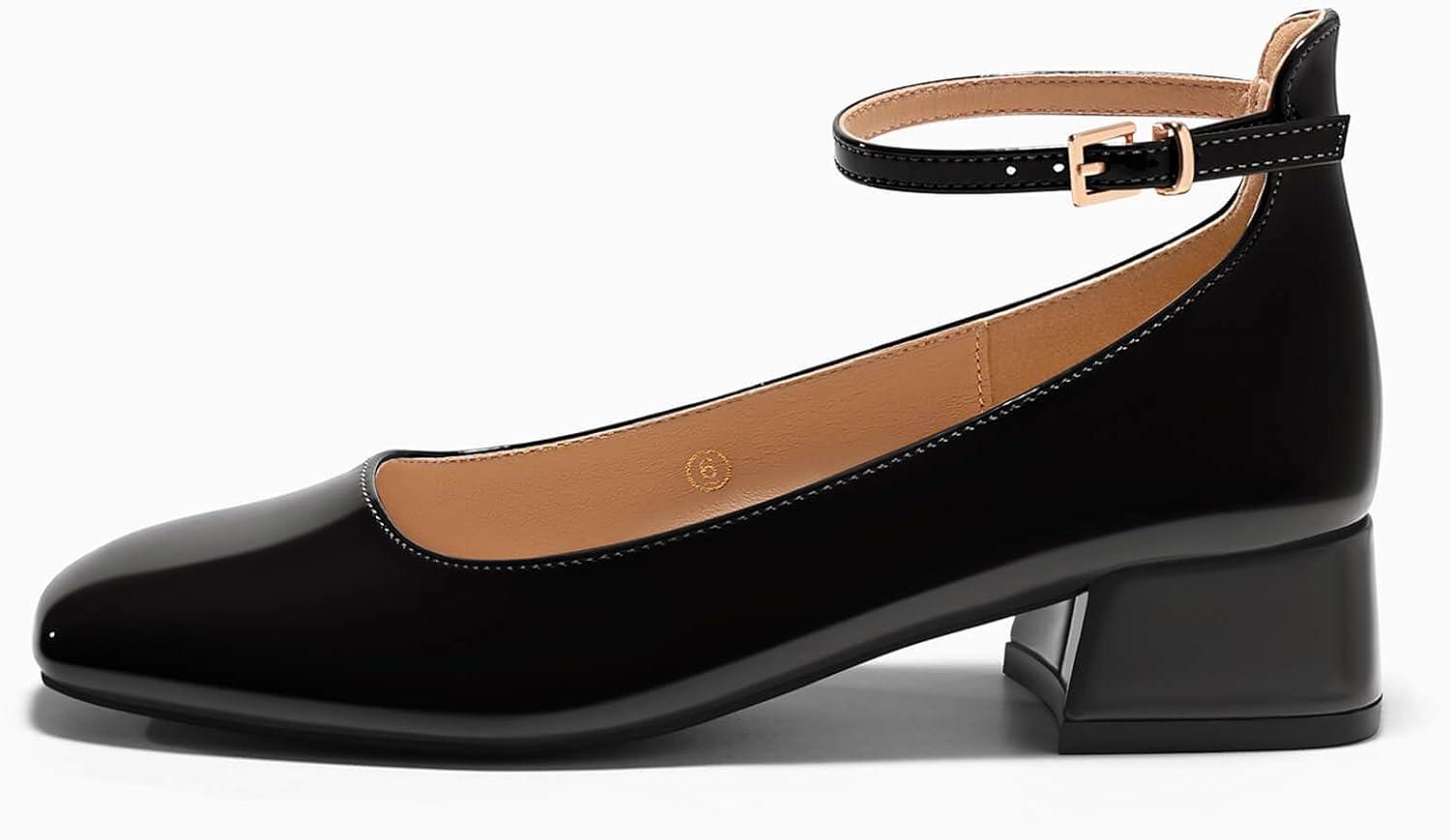 imageCoutgo Womens Chunky Low Heels Closed Square Toe Ankle Strap Pumps Wedding Prom Dress ShoesBlack