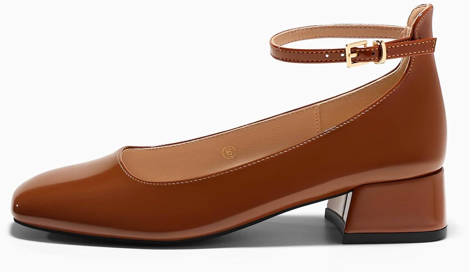 imageCoutgo Womens Chunky Low Heels Closed Square Toe Ankle Strap Pumps Wedding Prom Dress ShoesBrown