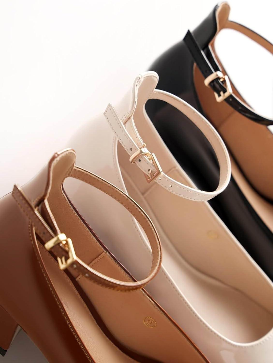 imageCoutgo Womens Chunky Low Heels Closed Square Toe Ankle Strap Pumps Wedding Prom Dress ShoesBrown