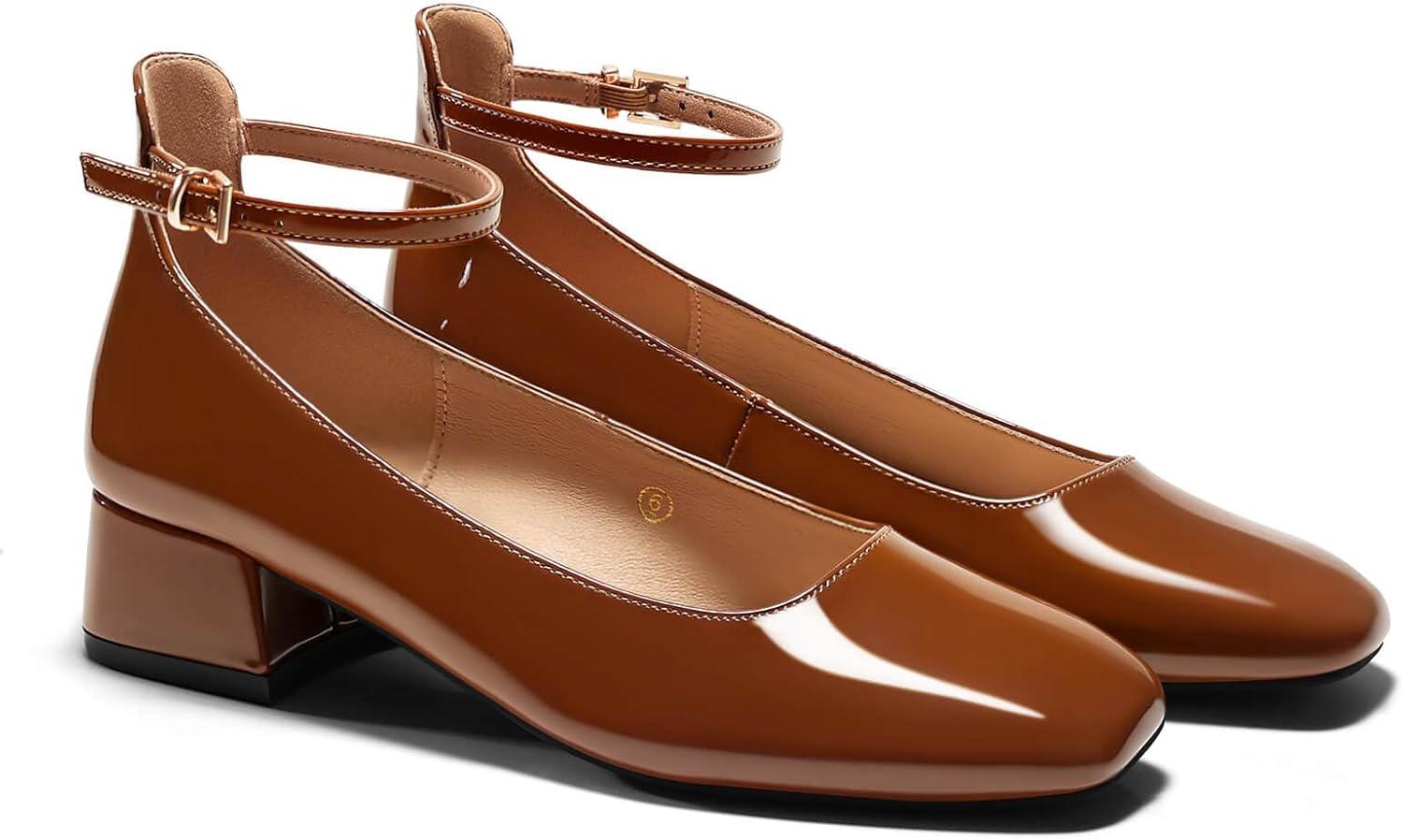 imageCoutgo Womens Chunky Low Heels Closed Square Toe Ankle Strap Pumps Wedding Prom Dress ShoesBrown