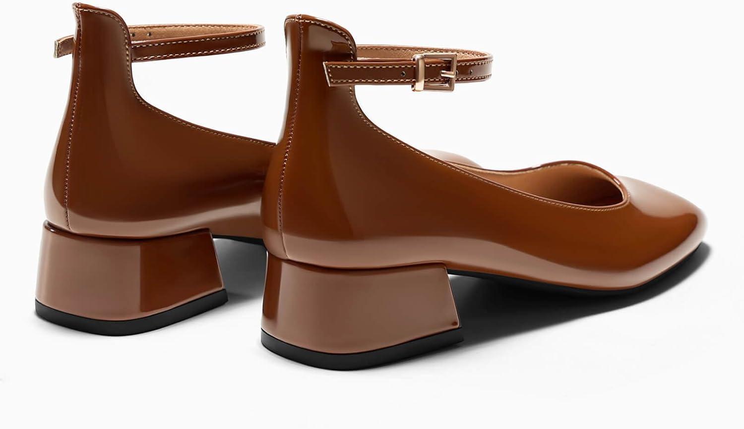 imageCoutgo Womens Chunky Low Heels Closed Square Toe Ankle Strap Pumps Wedding Prom Dress ShoesBrown