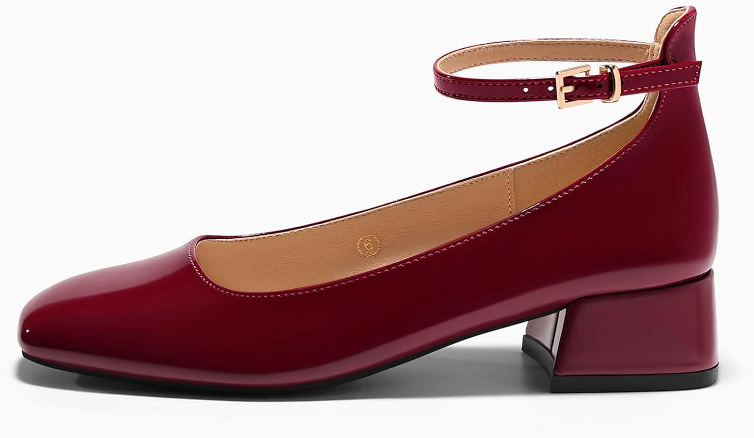 imageCoutgo Womens Chunky Low Heels Closed Square Toe Ankle Strap Pumps Wedding Prom Dress ShoesBurgundy