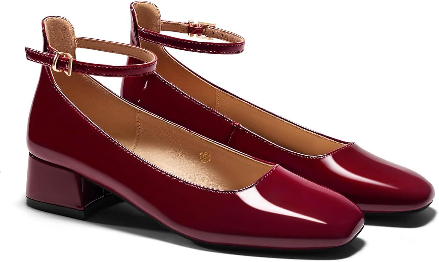 imageCoutgo Womens Chunky Low Heels Closed Square Toe Ankle Strap Pumps Wedding Prom Dress ShoesBurgundy