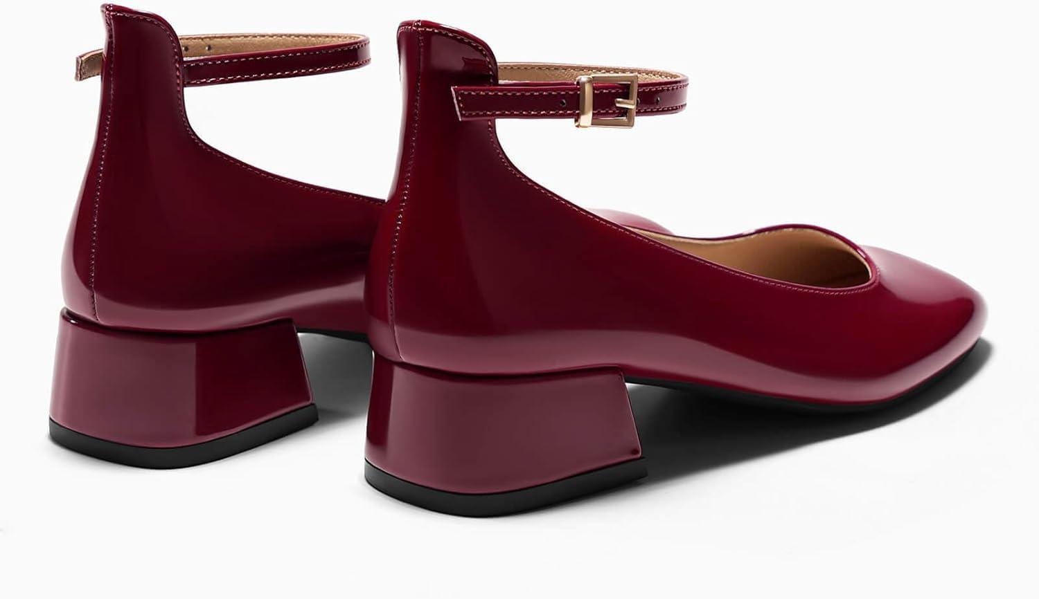 imageCoutgo Womens Chunky Low Heels Closed Square Toe Ankle Strap Pumps Wedding Prom Dress ShoesBurgundy