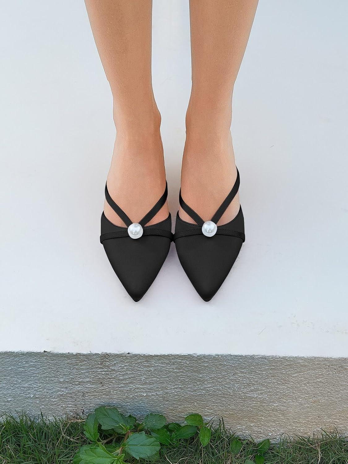 imageCoutgo Womens Pearl Kitten Heels Mules Closed Pointed Toe Sandals Satin Wedding Party Dress ShoesBlack