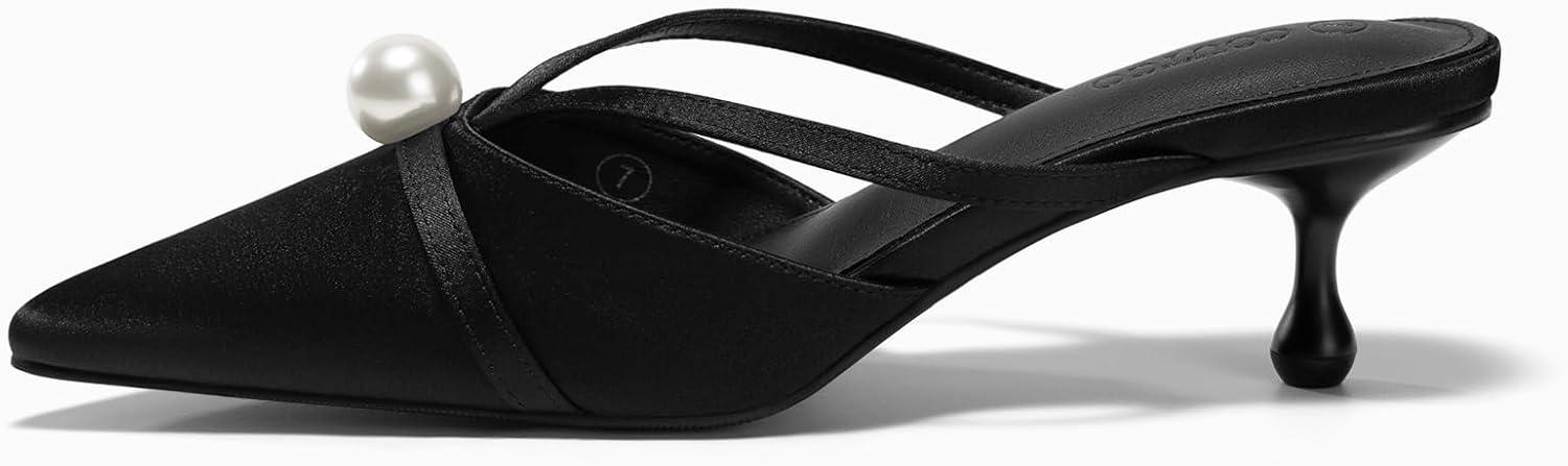 imageCoutgo Womens Pearl Kitten Heels Mules Closed Pointed Toe Sandals Satin Wedding Party Dress ShoesBlack