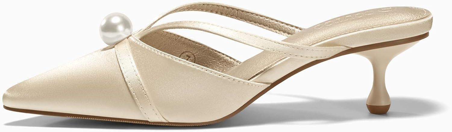 imageCoutgo Womens Pearl Kitten Heels Mules Closed Pointed Toe Sandals Satin Wedding Party Dress ShoesChampagne Gold