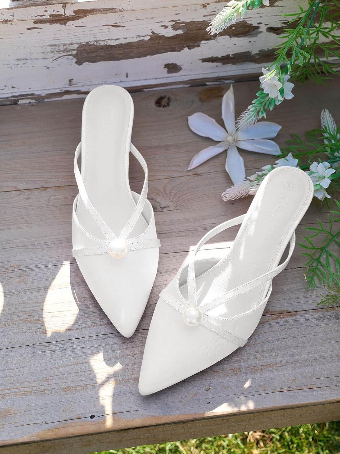 imageCoutgo Womens Pearl Kitten Heels Mules Closed Pointed Toe Sandals Satin Wedding Party Dress ShoesWhite
