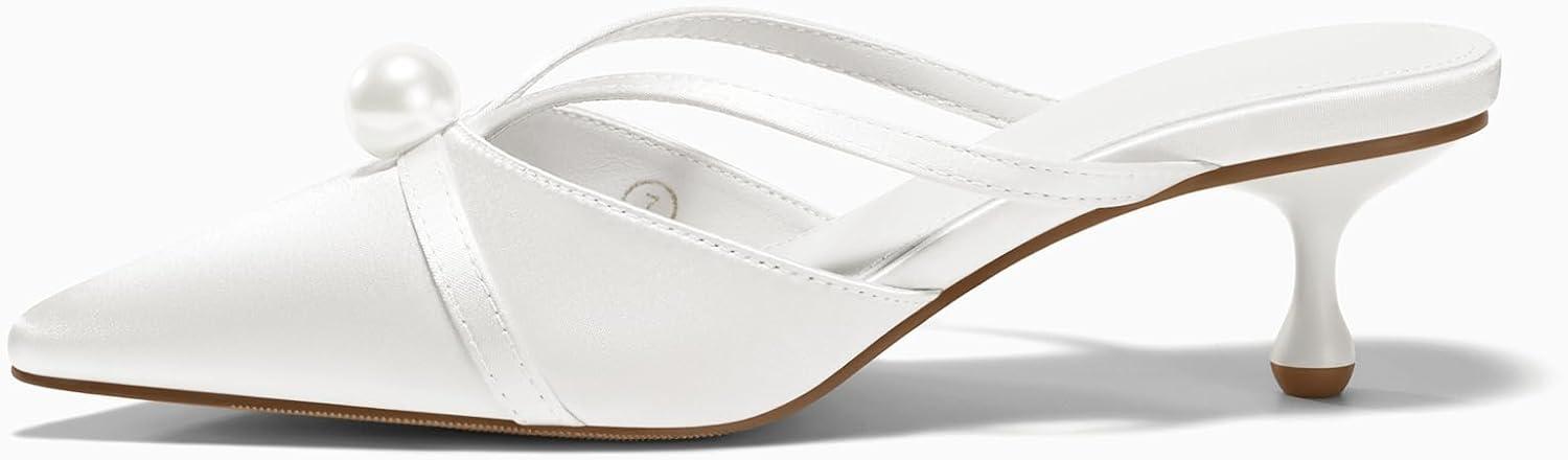 imageCoutgo Womens Pearl Kitten Heels Mules Closed Pointed Toe Sandals Satin Wedding Party Dress ShoesWhite