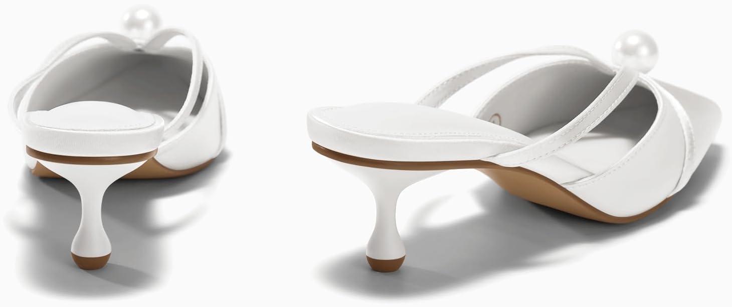 imageCoutgo Womens Pearl Kitten Heels Mules Closed Pointed Toe Sandals Satin Wedding Party Dress ShoesWhite