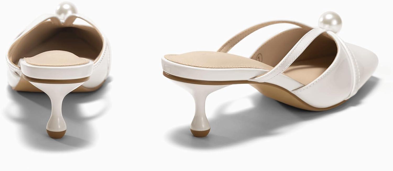 imageCoutgo Womens Pearl Kitten Heels Mules Closed Pointed Toe Sandals Satin Wedding Party Dress ShoesWhitePatent Leather