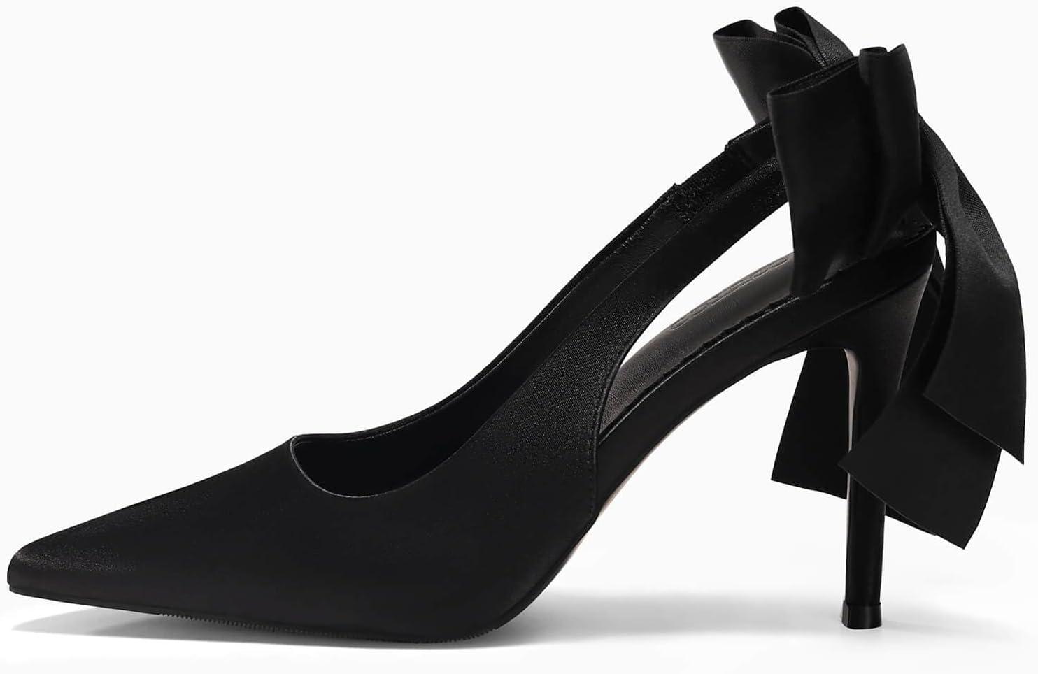 imageCoutgo Womens Slingback High Heels with Bow Closed Pointed Toe Wedding Bride Dress Shoes Satin PumpsBlack