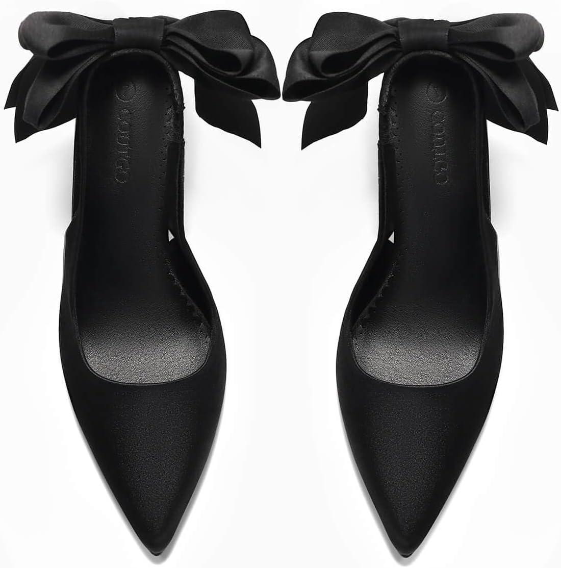 imageCoutgo Womens Slingback High Heels with Bow Closed Pointed Toe Wedding Bride Dress Shoes Satin PumpsBlack