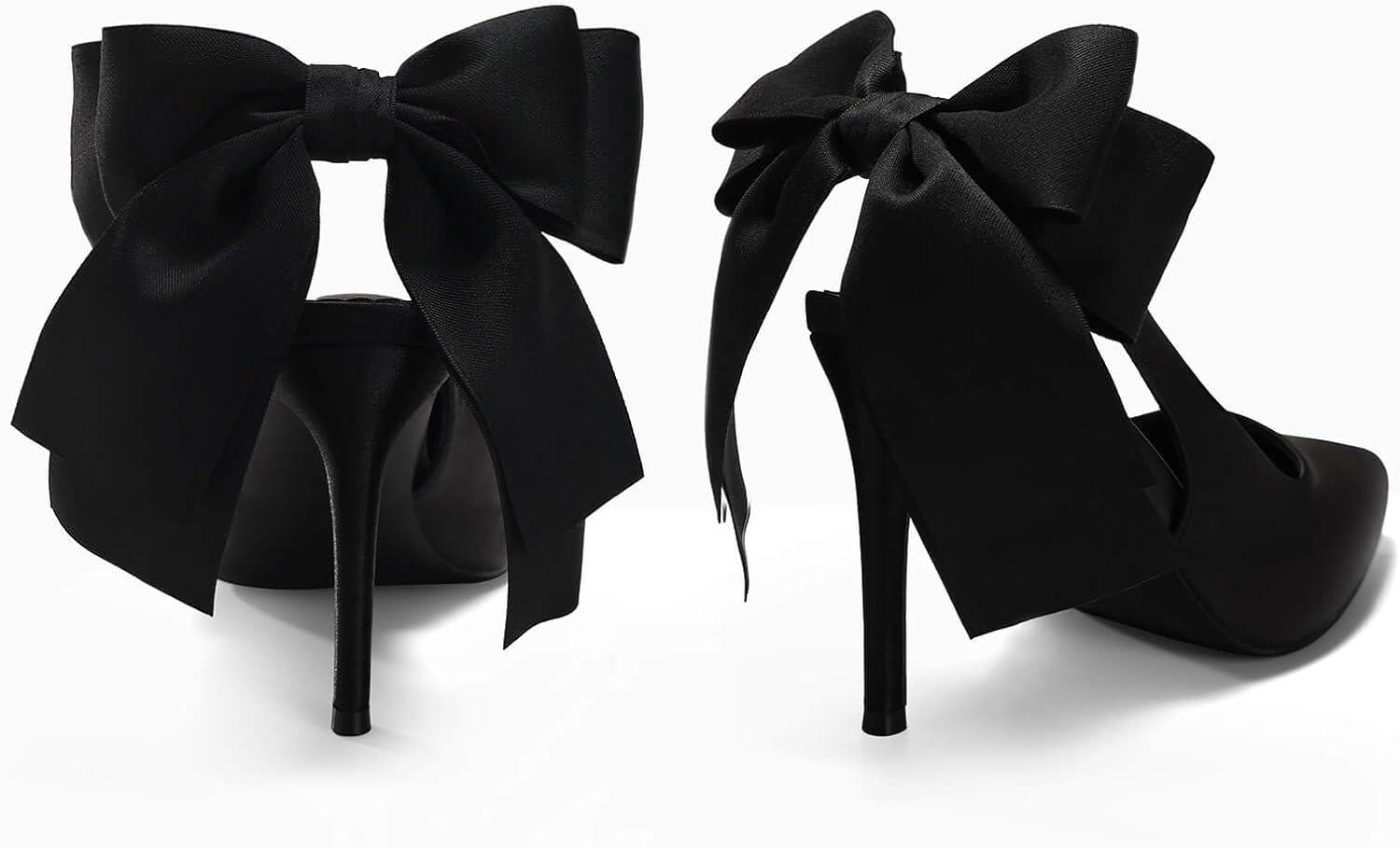 imageCoutgo Womens Slingback High Heels with Bow Closed Pointed Toe Wedding Bride Dress Shoes Satin PumpsBlack