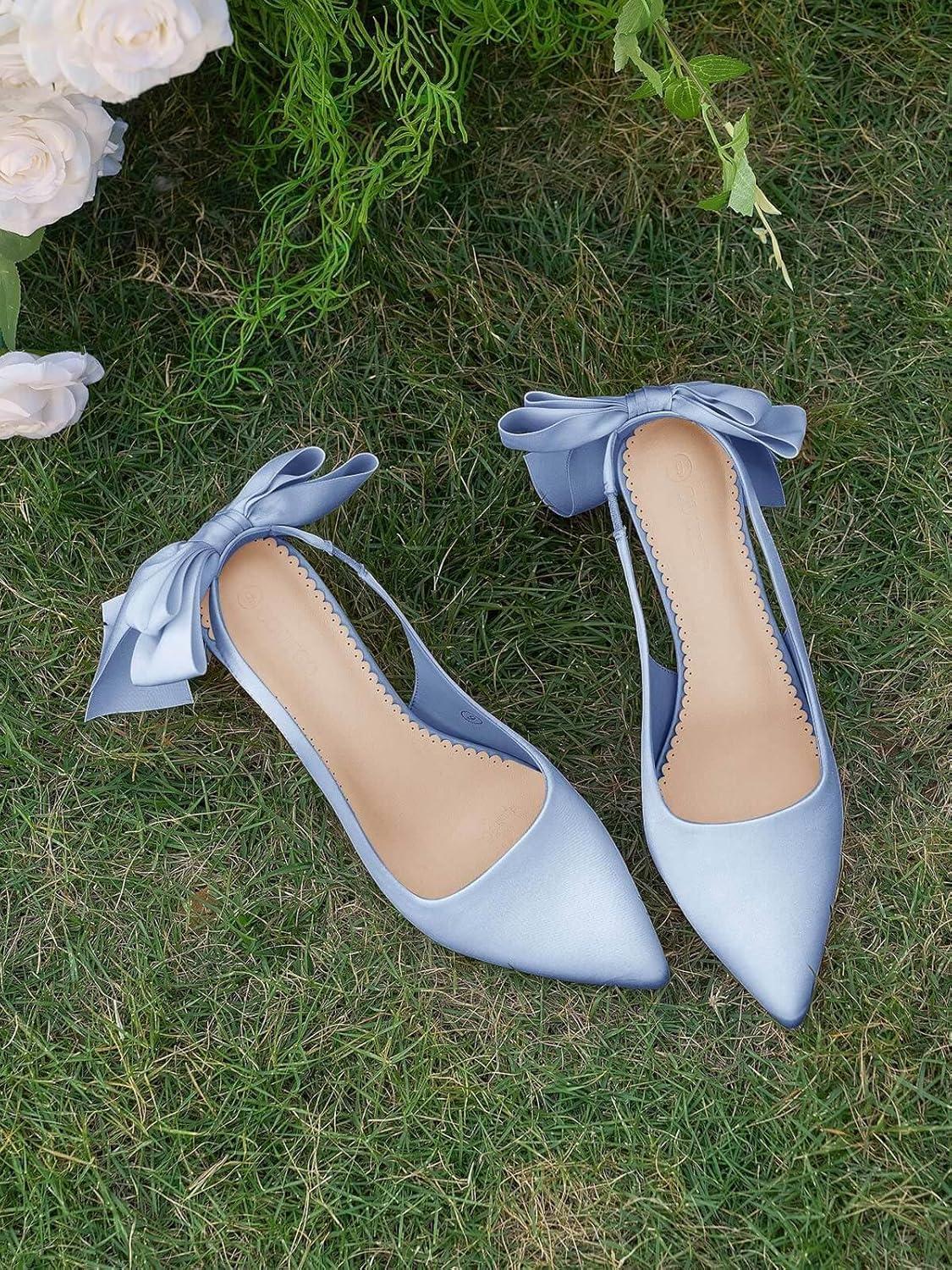 imageCoutgo Womens Slingback High Heels with Bow Closed Pointed Toe Wedding Bride Dress Shoes Satin PumpsBlue