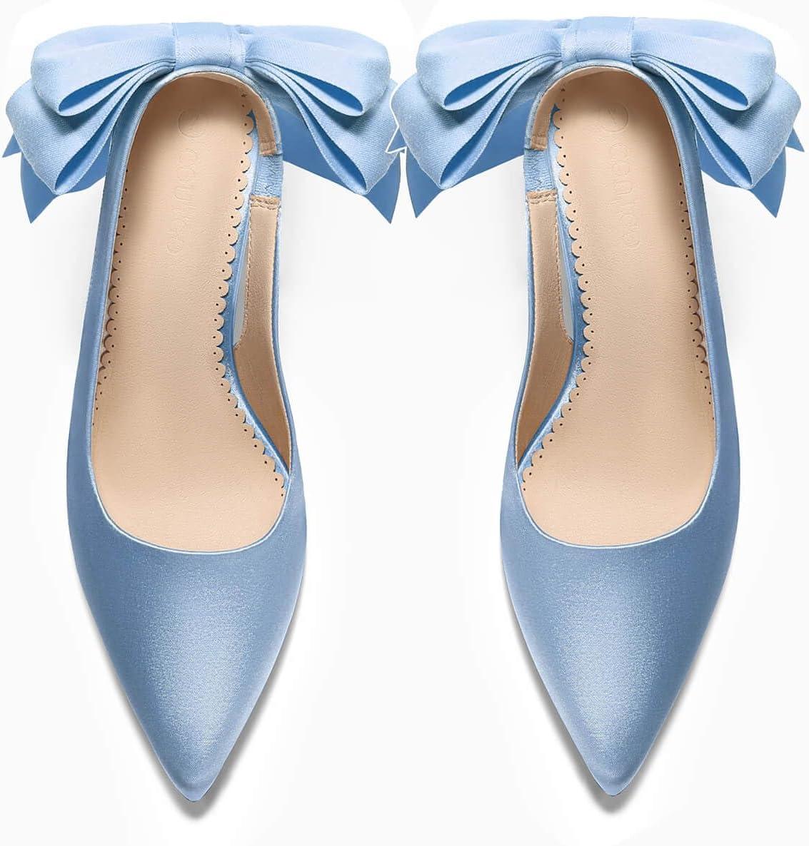 imageCoutgo Womens Slingback High Heels with Bow Closed Pointed Toe Wedding Bride Dress Shoes Satin PumpsBlue