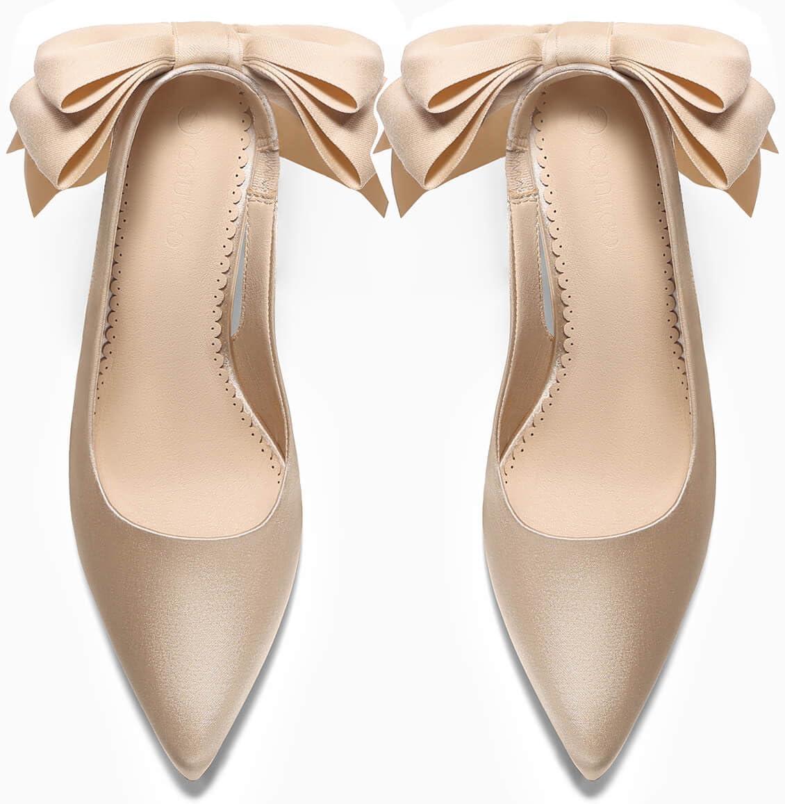 imageCoutgo Womens Slingback High Heels with Bow Closed Pointed Toe Wedding Bride Dress Shoes Satin PumpsChampagne Gold
