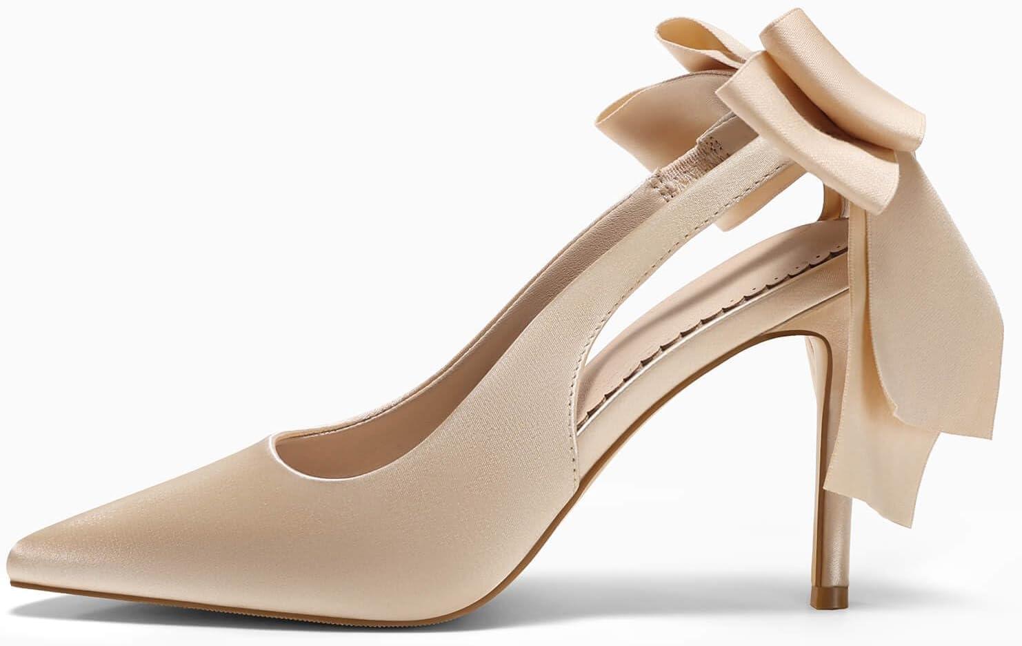 imageCoutgo Womens Slingback High Heels with Bow Closed Pointed Toe Wedding Bride Dress Shoes Satin PumpsChampagne Gold