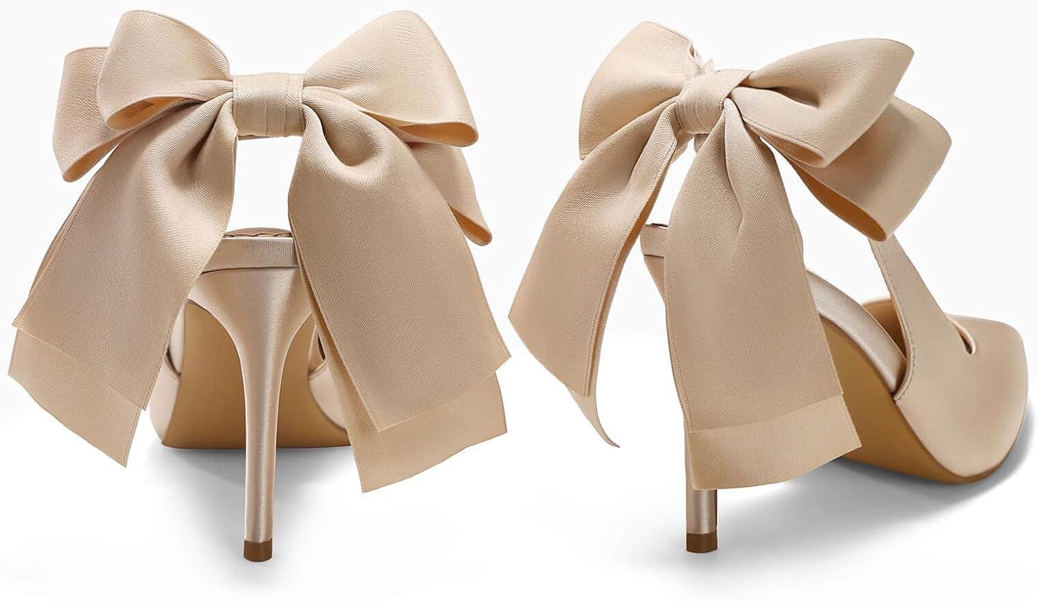 imageCoutgo Womens Slingback High Heels with Bow Closed Pointed Toe Wedding Bride Dress Shoes Satin PumpsChampagne Gold