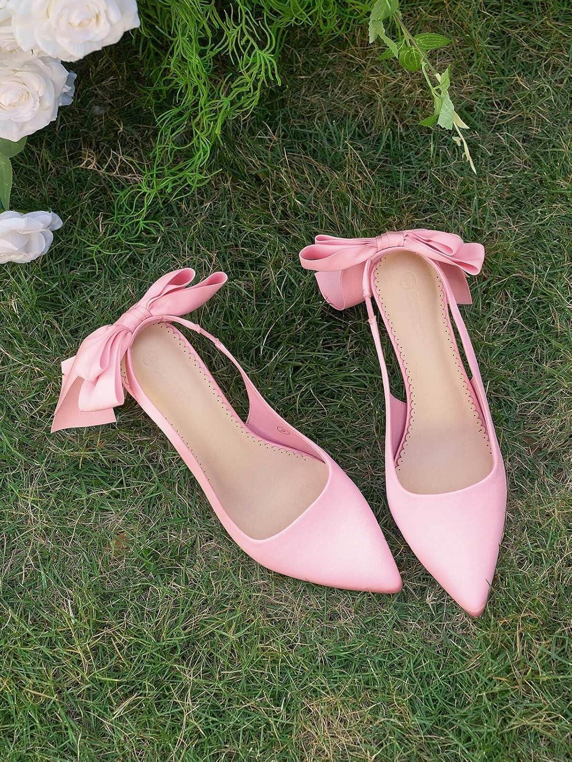imageCoutgo Womens Slingback High Heels with Bow Closed Pointed Toe Wedding Bride Dress Shoes Satin PumpsPink