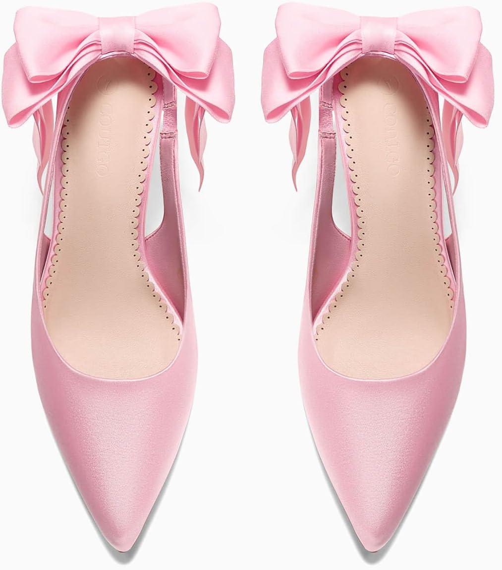 imageCoutgo Womens Slingback High Heels with Bow Closed Pointed Toe Wedding Bride Dress Shoes Satin PumpsPink