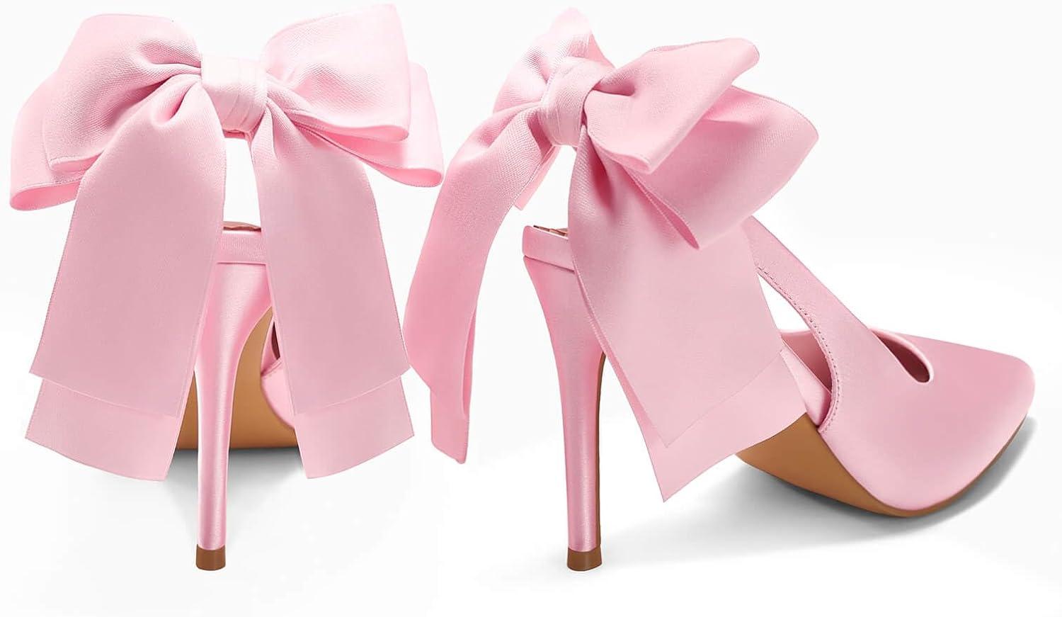 imageCoutgo Womens Slingback High Heels with Bow Closed Pointed Toe Wedding Bride Dress Shoes Satin PumpsPink