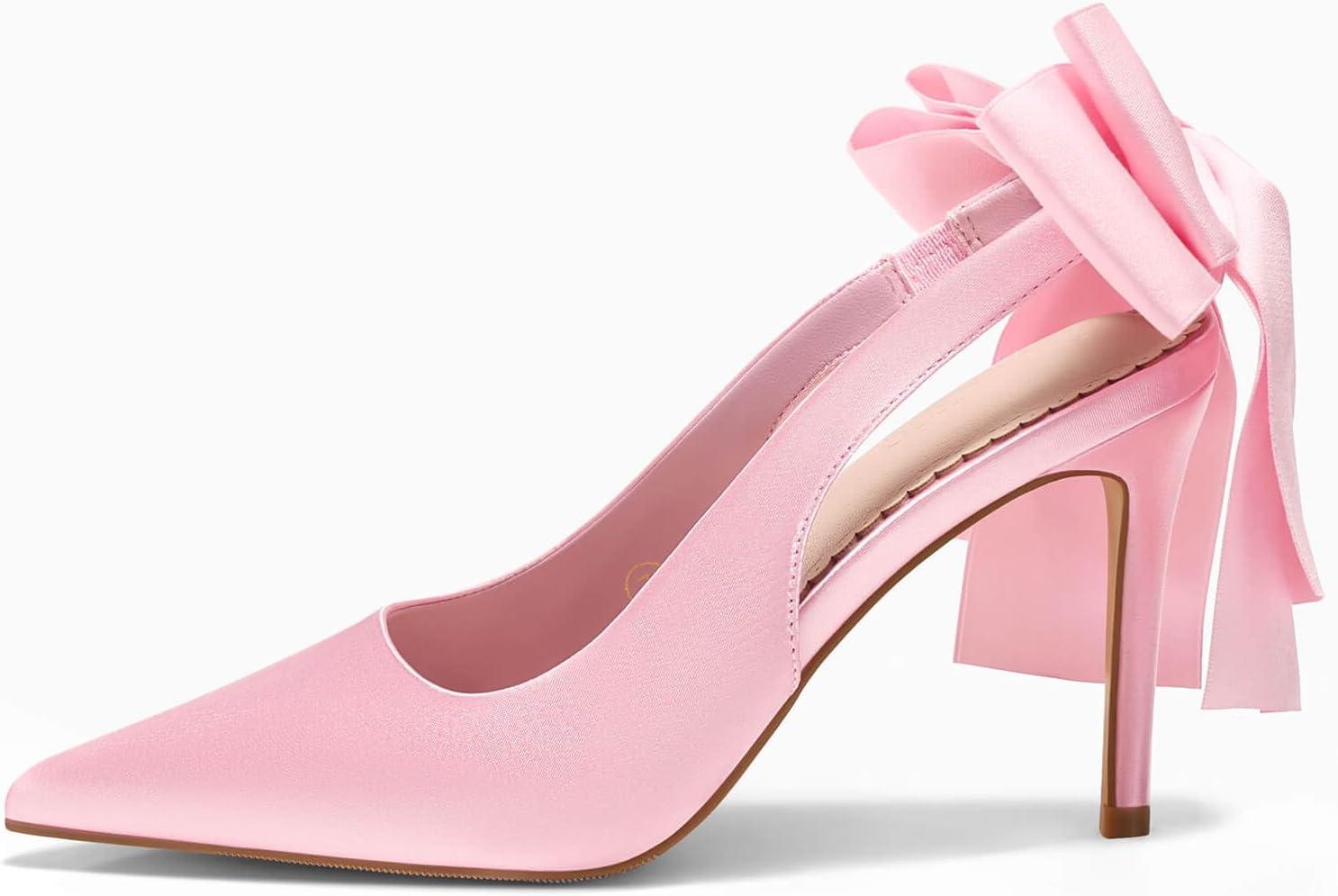 imageCoutgo Womens Slingback High Heels with Bow Closed Pointed Toe Wedding Bride Dress Shoes Satin PumpsPink