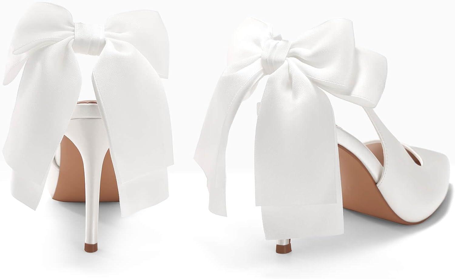 imageCoutgo Womens Slingback High Heels with Bow Closed Pointed Toe Wedding Bride Dress Shoes Satin PumpsWhite