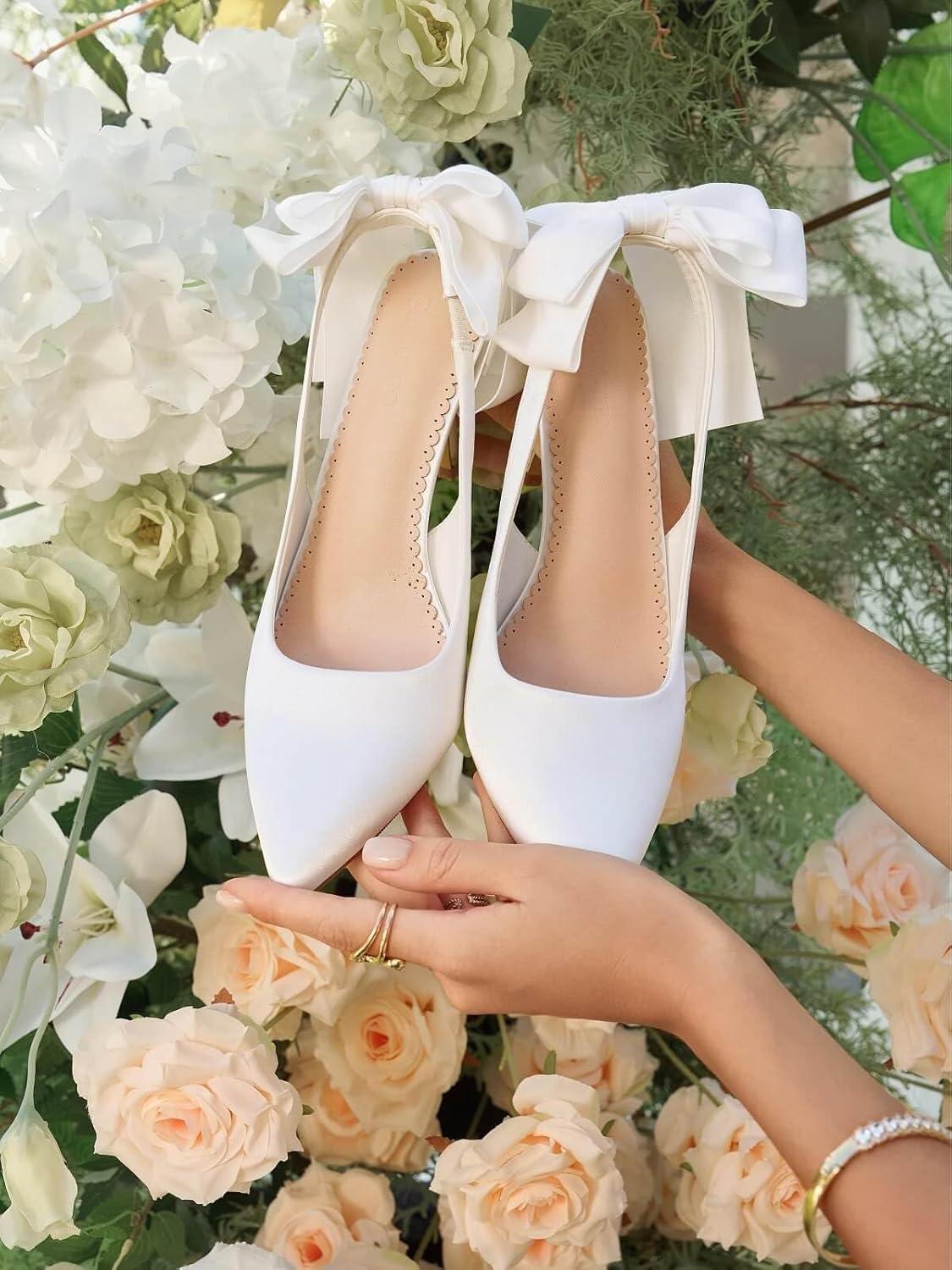 imageCoutgo Womens Slingback High Heels with Bow Closed Pointed Toe Wedding Bride Dress Shoes Satin PumpsWhite