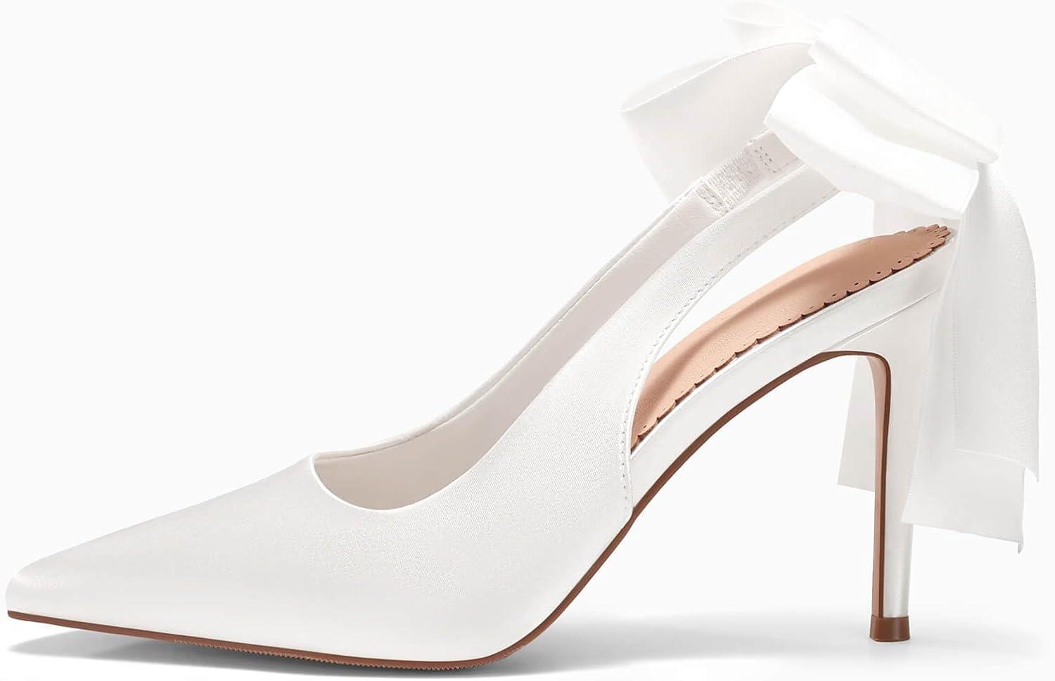 imageCoutgo Womens Slingback High Heels with Bow Closed Pointed Toe Wedding Bride Dress Shoes Satin PumpsWhite