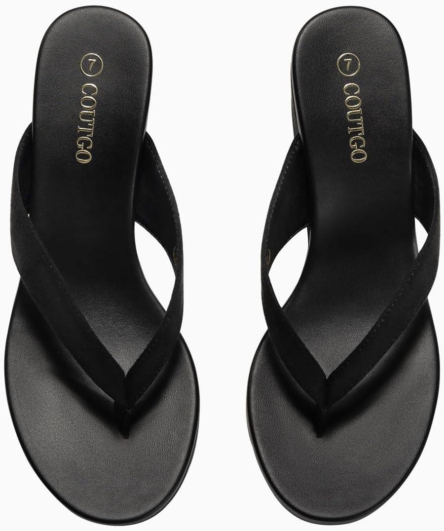 imageCoutgo Womens Wedge Heels Sandals Platform Flip Flops Slides Slip On Summer Beach ShoesBlack