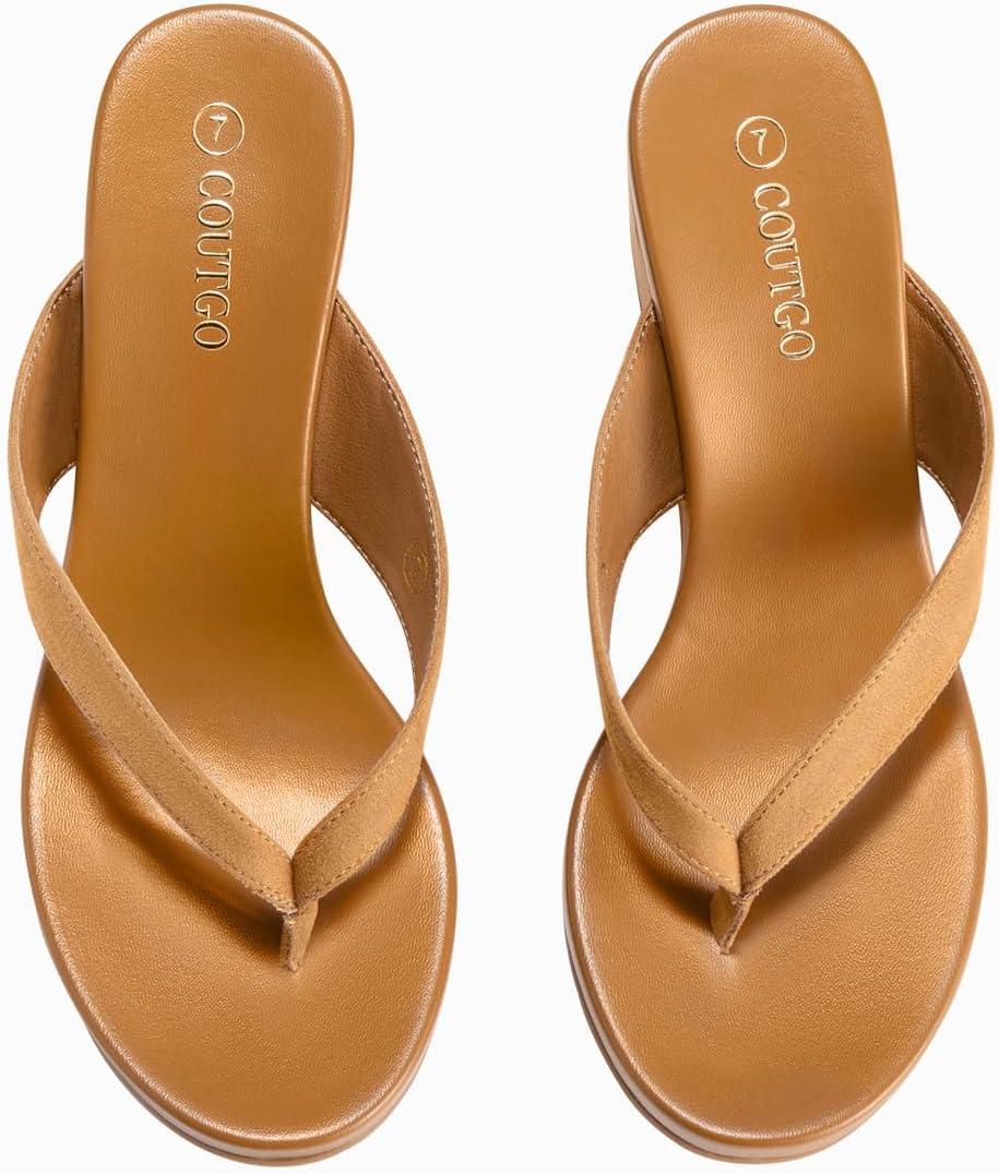 imageCoutgo Womens Wedge Heels Sandals Platform Flip Flops Slides Slip On Summer Beach ShoesBrown