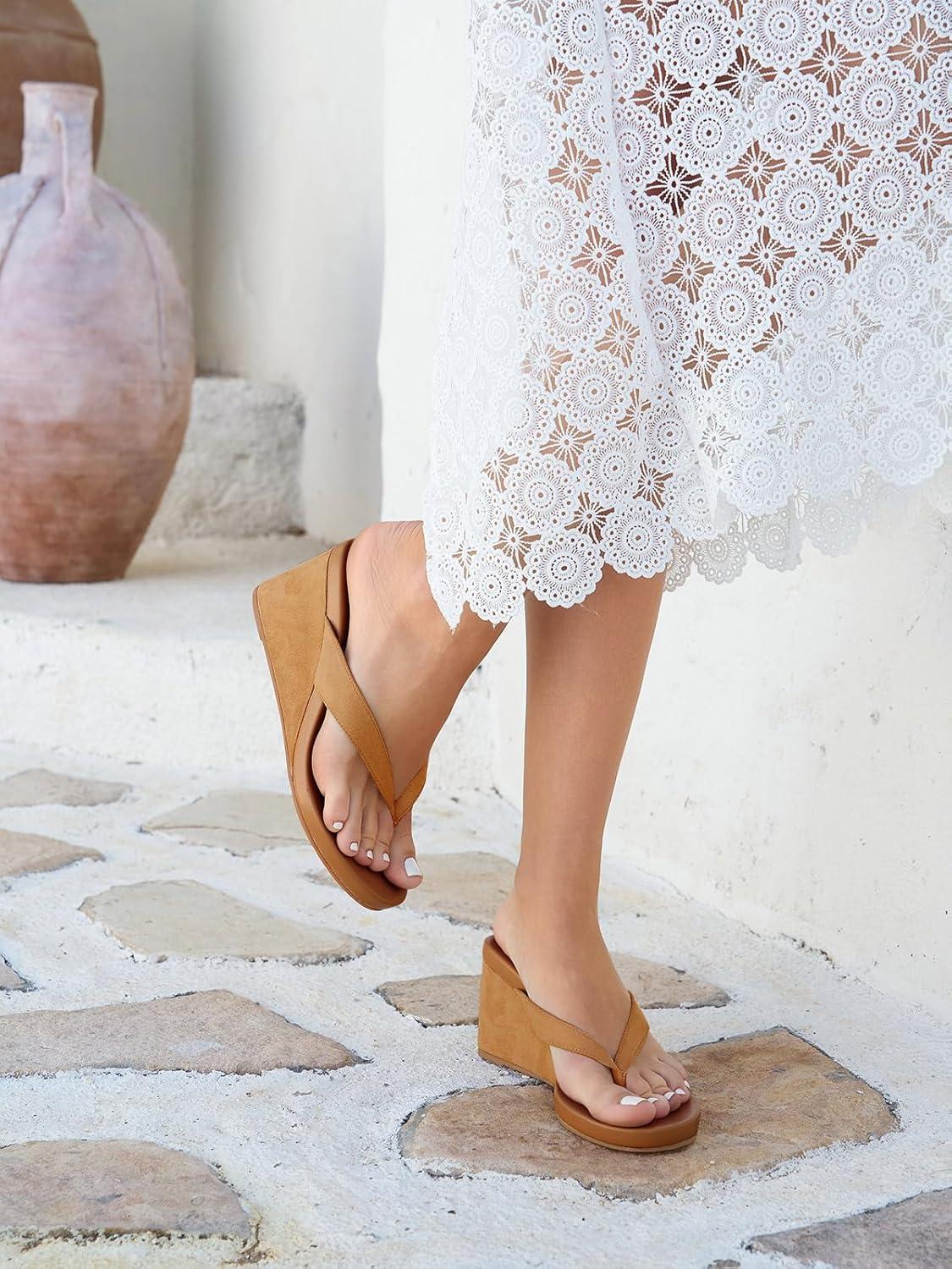 imageCoutgo Womens Wedge Heels Sandals Platform Flip Flops Slides Slip On Summer Beach ShoesBrown