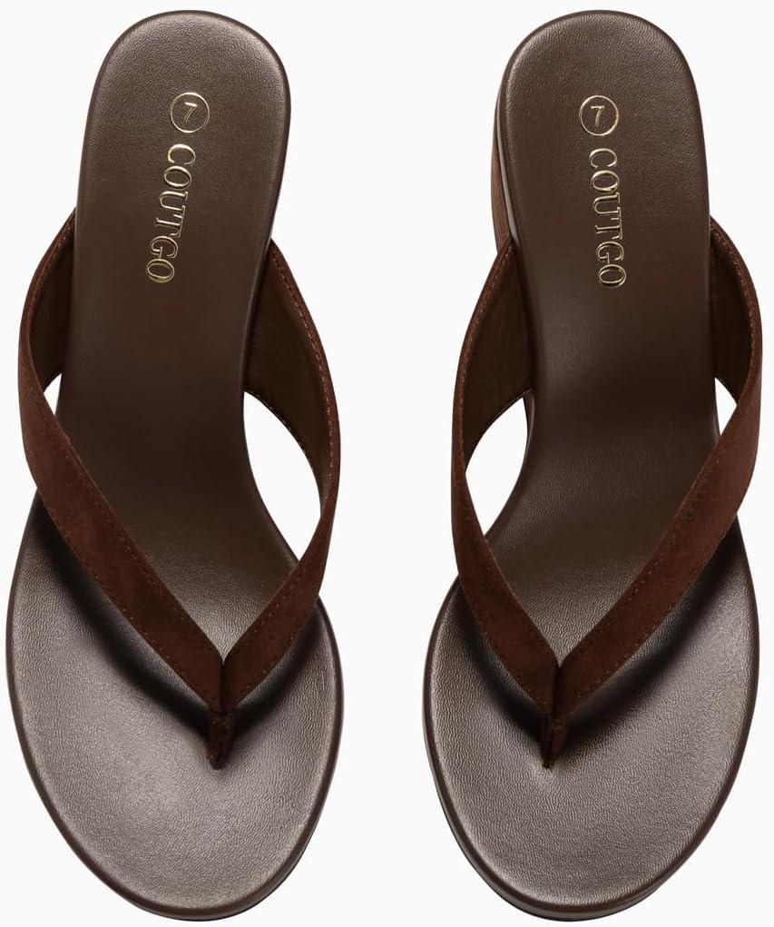 imageCoutgo Womens Wedge Heels Sandals Platform Flip Flops Slides Slip On Summer Beach ShoesDark Brown