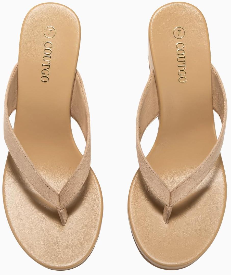 imageCoutgo Womens Wedge Heels Sandals Platform Flip Flops Slides Slip On Summer Beach ShoesKhaki