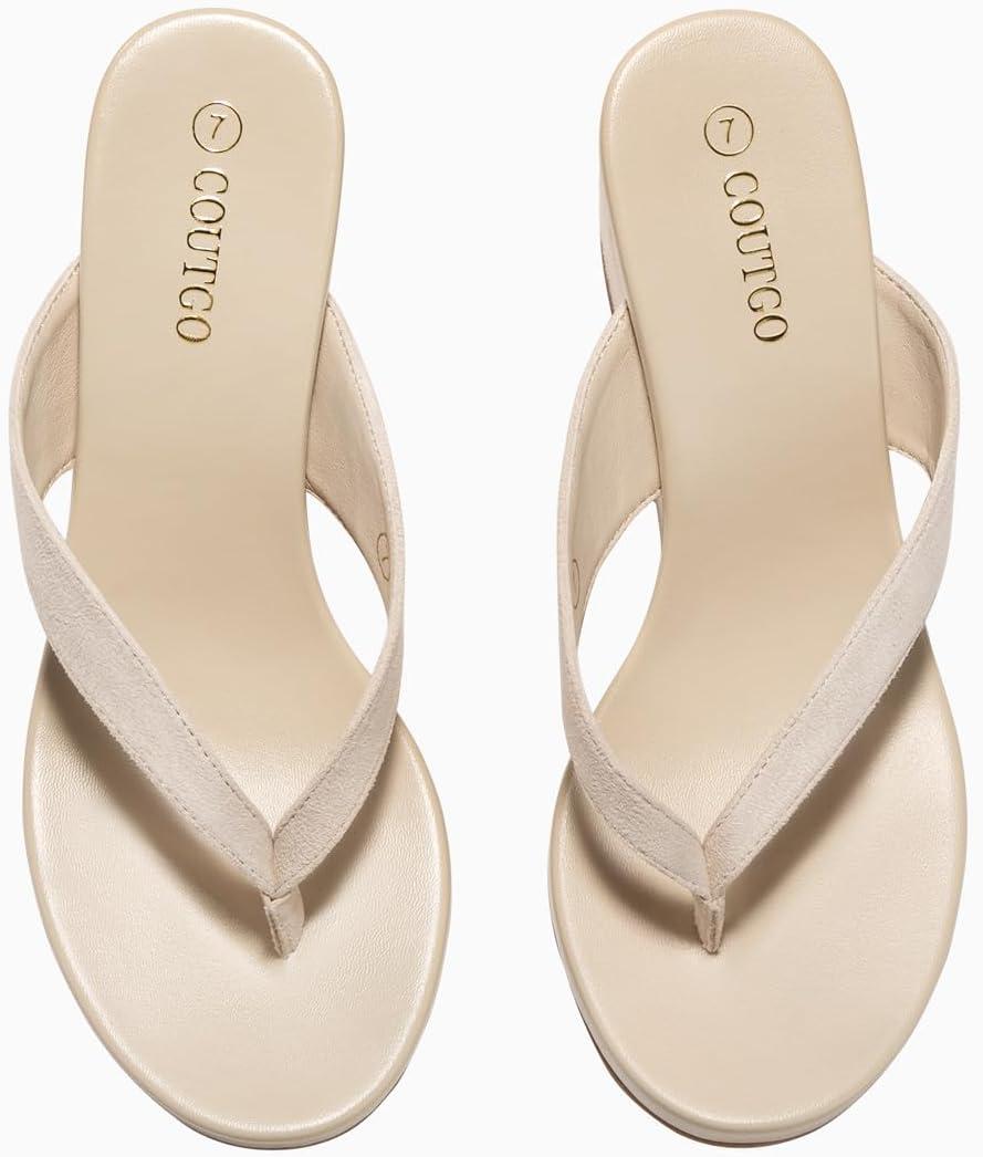 imageCoutgo Womens Wedge Heels Sandals Platform Flip Flops Slides Slip On Summer Beach ShoesNude