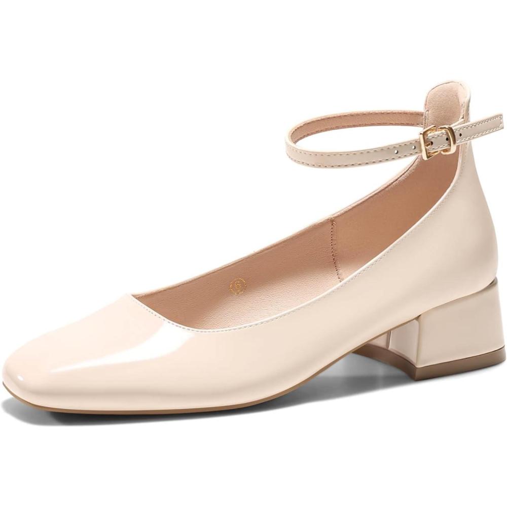 imageCoutgo Womens Chunky Low Heels Closed Square Toe Ankle Strap Pumps Wedding Prom Dress ShoesBeige