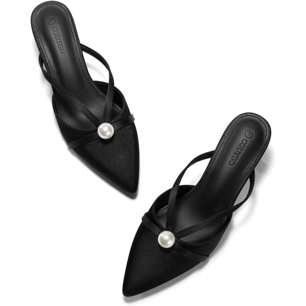 imageCoutgo Womens Pearl Kitten Heels Mules Closed Pointed Toe Sandals Satin Wedding Party Dress ShoesBlack