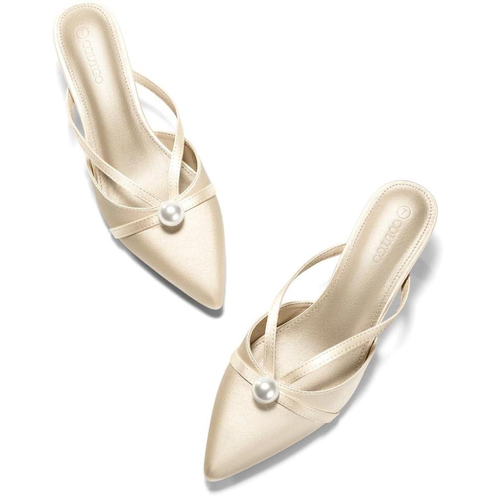 imageCoutgo Womens Pearl Kitten Heels Mules Closed Pointed Toe Sandals Satin Wedding Party Dress ShoesChampagne Gold