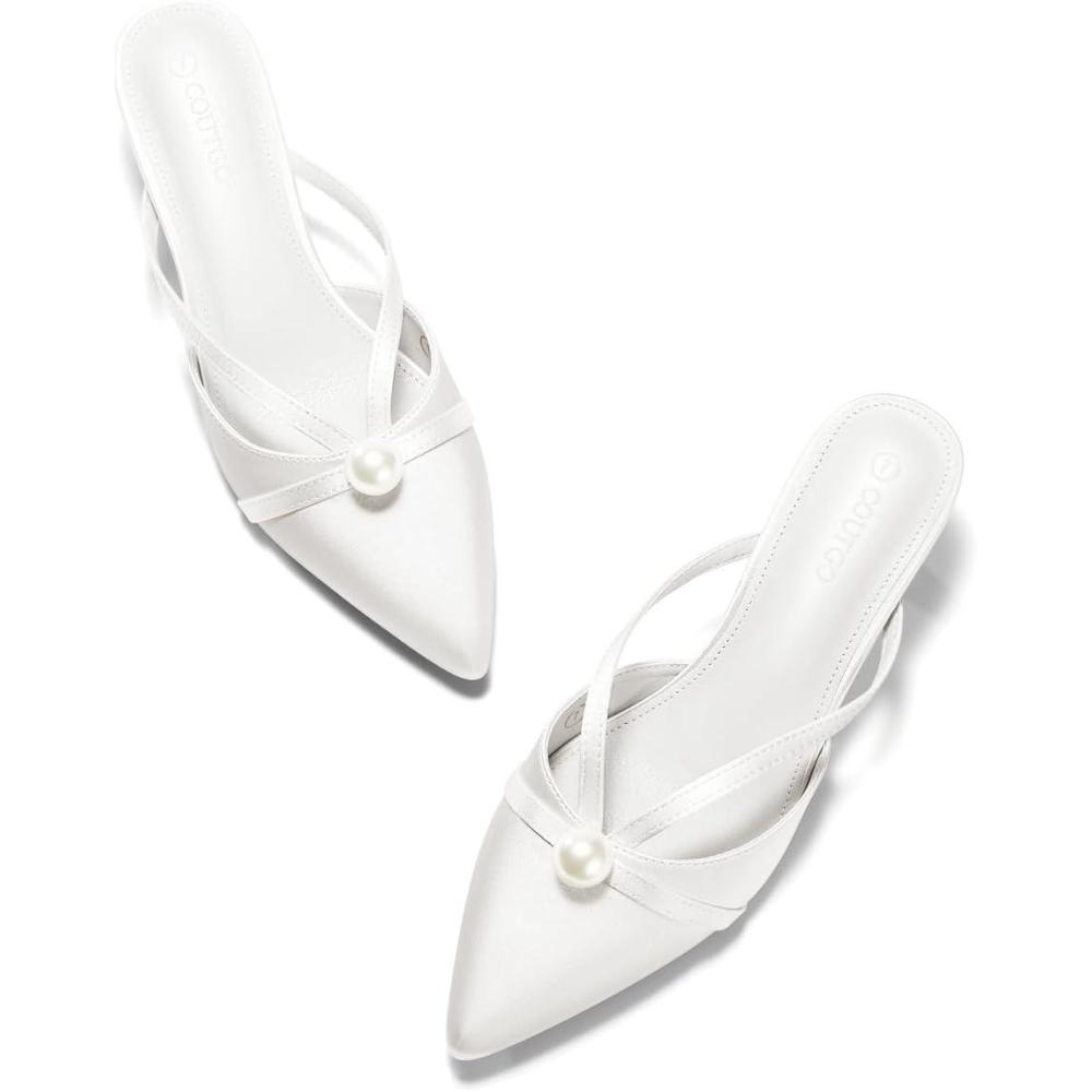 imageCoutgo Womens Pearl Kitten Heels Mules Closed Pointed Toe Sandals Satin Wedding Party Dress ShoesWhite