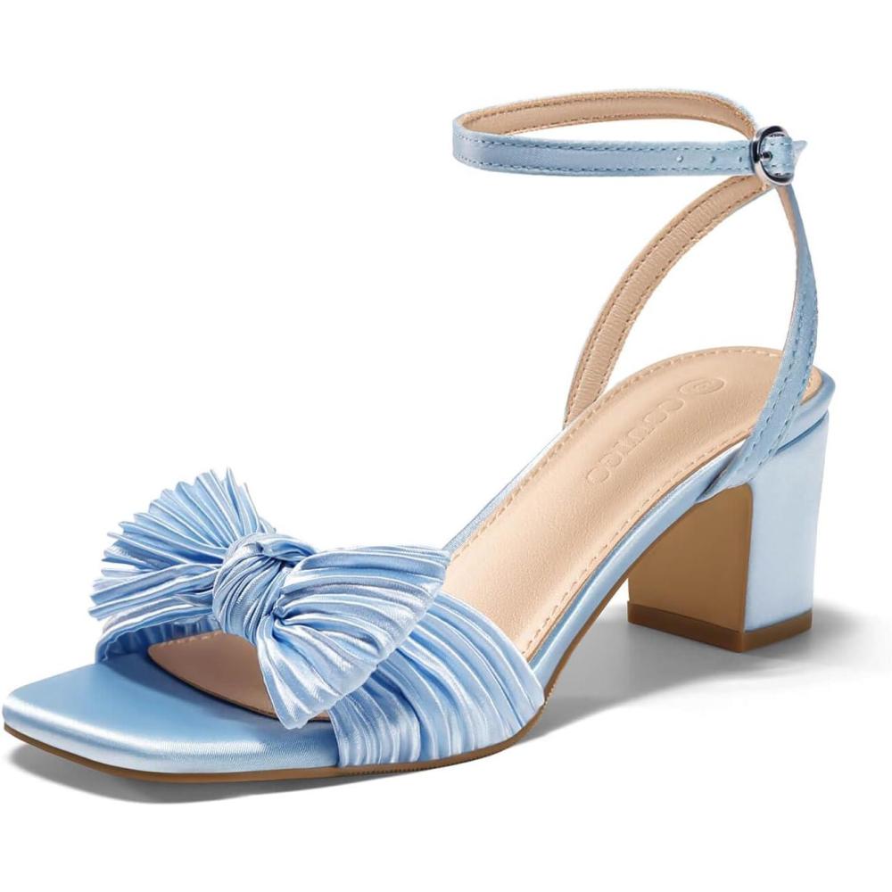 imageCoutgo Womens Pleated Bow Sandals Block Low Heel Wedding Bride Shoes Open Toe Ankle Strap Dressy SandalsBlue