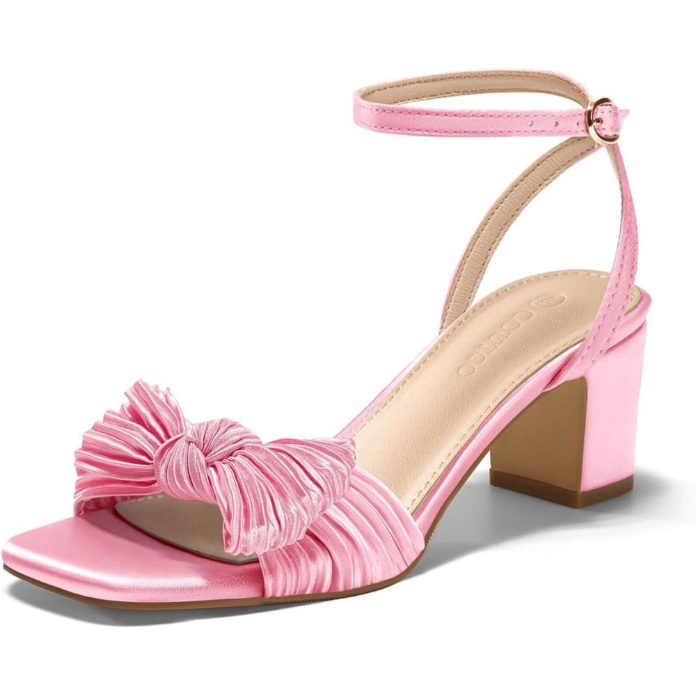 imageCoutgo Womens Pleated Bow Sandals Block Low Heel Wedding Bride Shoes Open Toe Ankle Strap Dressy SandalsPink