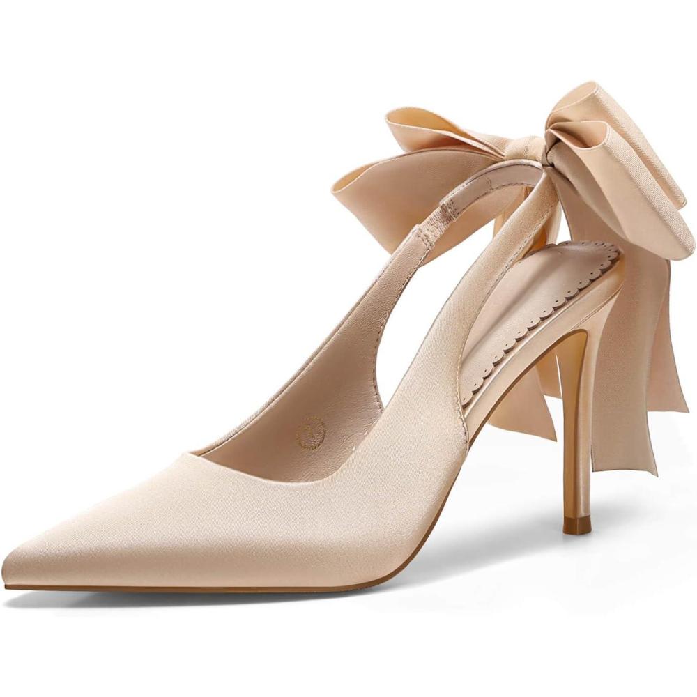 imageCoutgo Womens Slingback High Heels with Bow Closed Pointed Toe Wedding Bride Dress Shoes Satin PumpsChampagne Gold