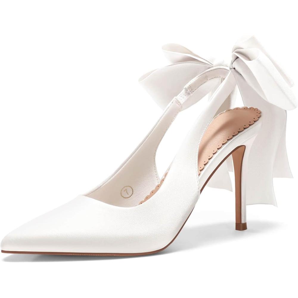 imageCoutgo Womens Slingback High Heels with Bow Closed Pointed Toe Wedding Bride Dress Shoes Satin PumpsWhite