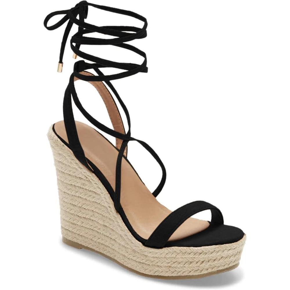 imageWomens Espadrille Wedges Lace Up Platform Ankle Cross Strap Slingback Summer Dress SandalsBlack