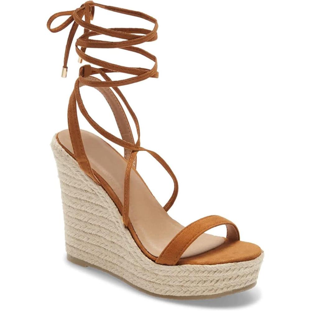imageWomens Espadrille Wedges Lace Up Platform Ankle Cross Strap Slingback Summer Dress SandalsLight Brown